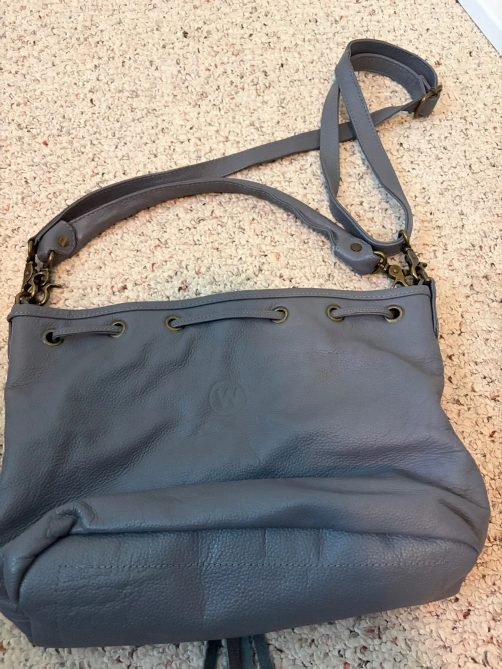 Gray Leather Tassel Drawstring Shoulder Bag